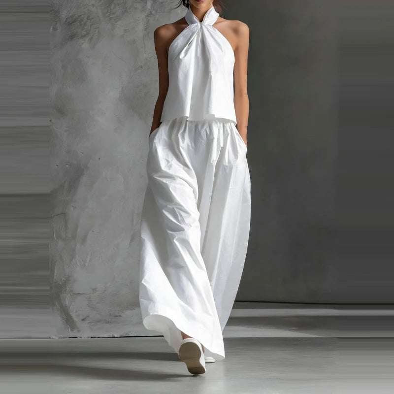 Sleeveless Halter Top And Wide Leg Pants Set for Women