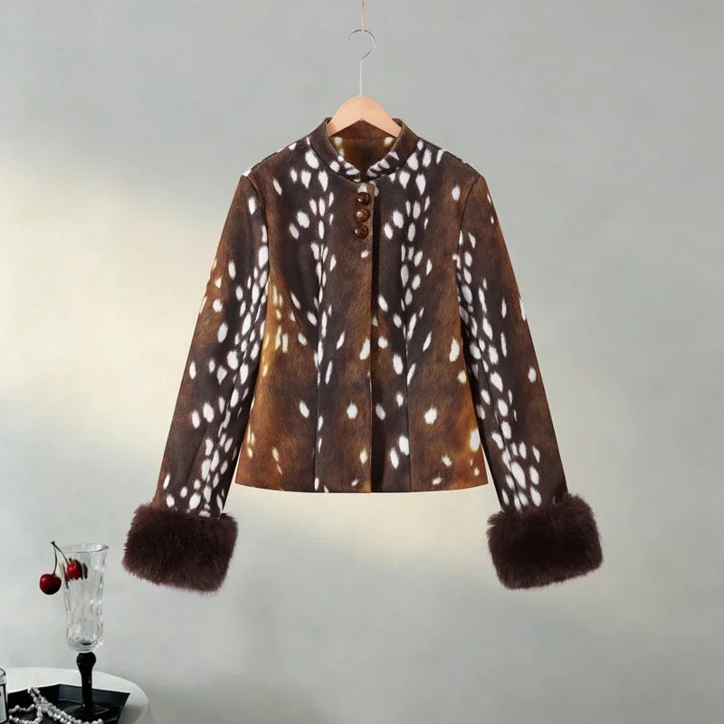 Fitted Vintage Leopard Patchwork Faux Fur Coat for Women