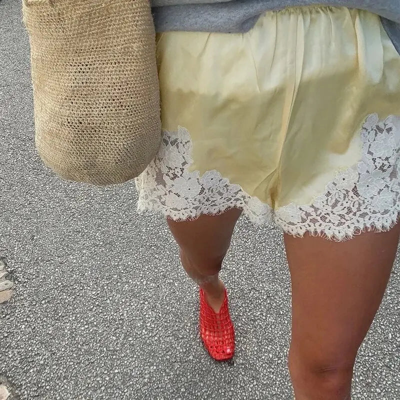 Women Lace Patchwork Satin Shorts Chic Loose Soild Wide Legs Elastic Short 2025 New Y2k Lady All Much Casual Street Outfits