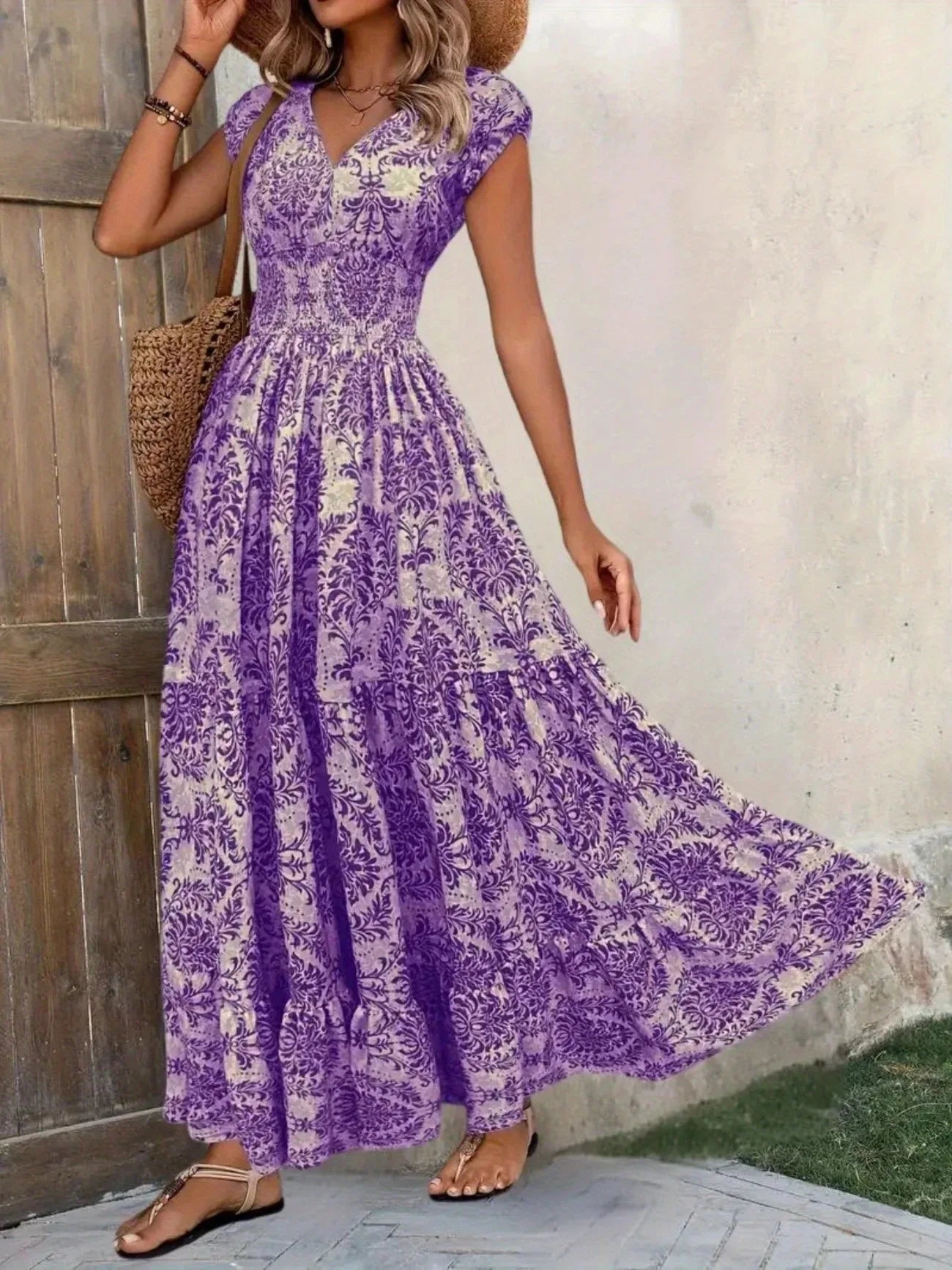 Bohemian Floral Printed V Neck Midi Dress For Women