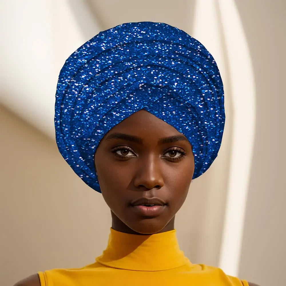Gleaming Sequined African Print Head Wrap for Women