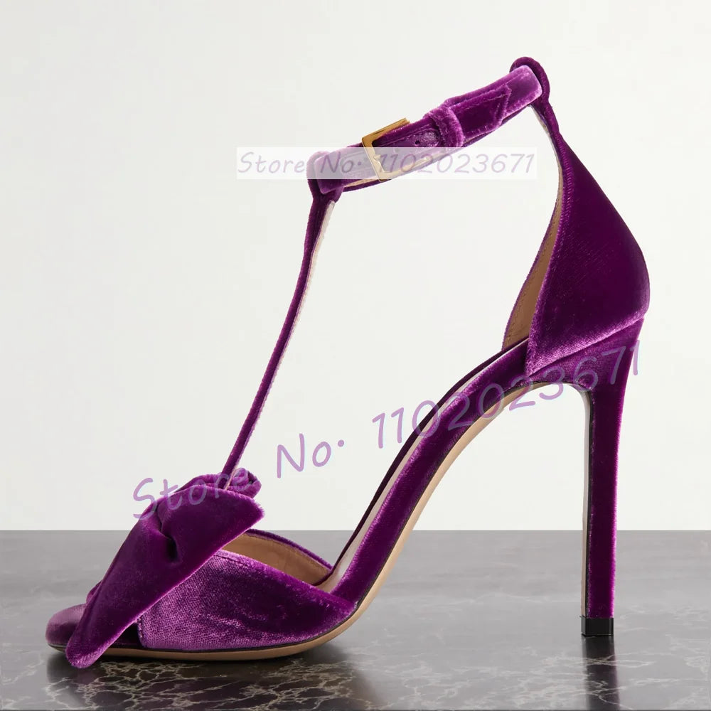 Bow-embellished Velvet Sandals Women's Luxury T Strap Square Toe High Heels Sandals Newest Luxury Party Trendy Cover Heel Shoes