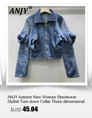 ANJY Autumn New Women Ins Shirt Studded Diamonds Distressed Denim Coat Pockets Single Breasted Elegant Vintage Casual Tops A9973