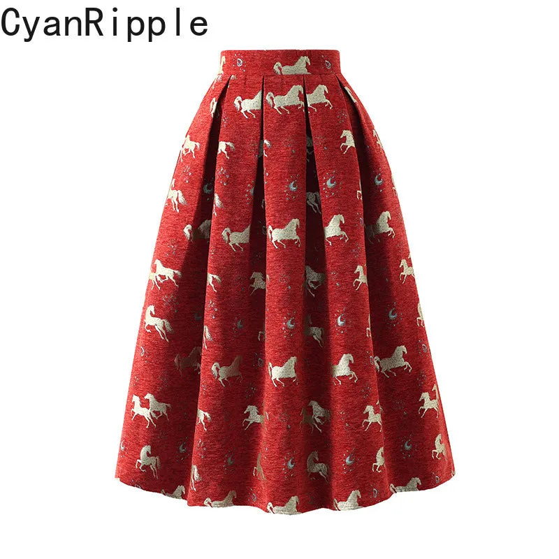 High Quality New Year Red Autumn Winter Vintage Jacquard Mid-long Women A-line Skirt Elegant High Waist Lady Casual Puff Skirts