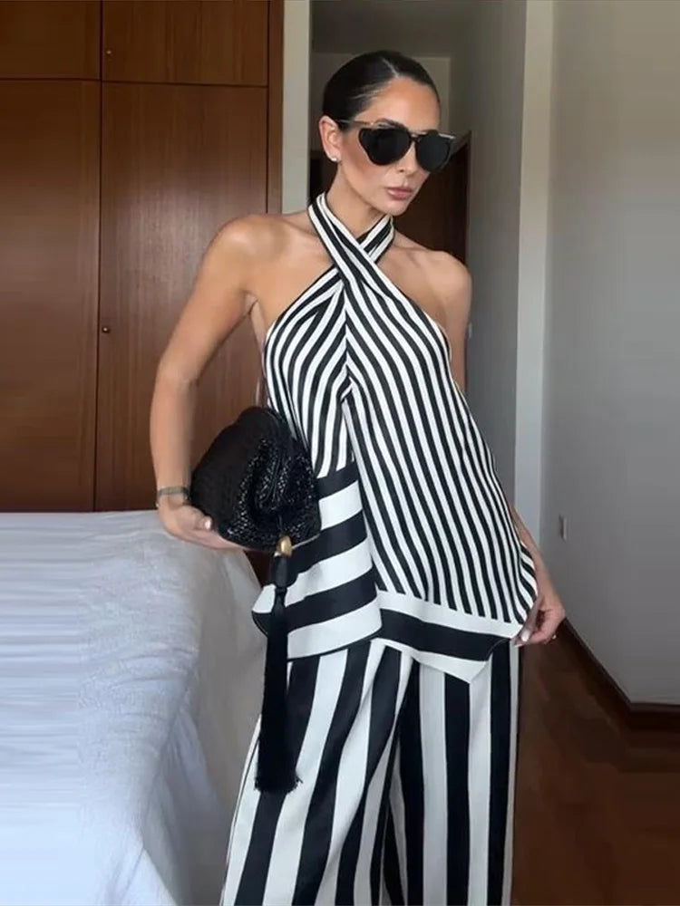 Striped Criss Cross Halter Two Piece Wide Leg Pants Set For Women