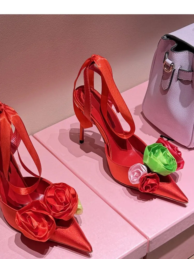 Rose Flower Pointed Toe High Heel Sandals for Women