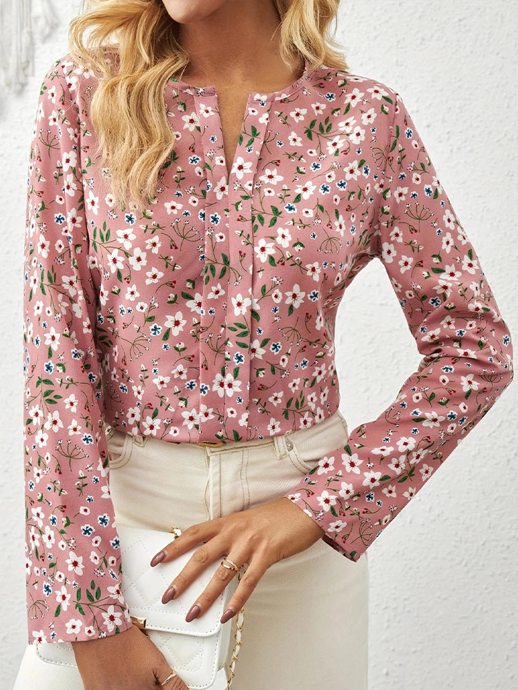 Spring Summer Fashion V-Neck Women's Floral Print Pleated Detail Shirt Street Casual Wear