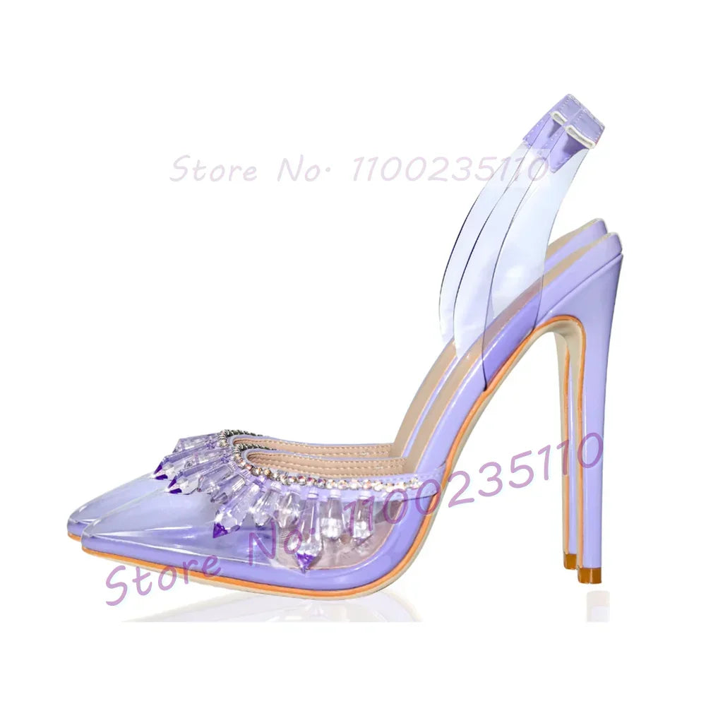 Elegant Blue Crystal Trim Satin Pointy Toe Heels For Women