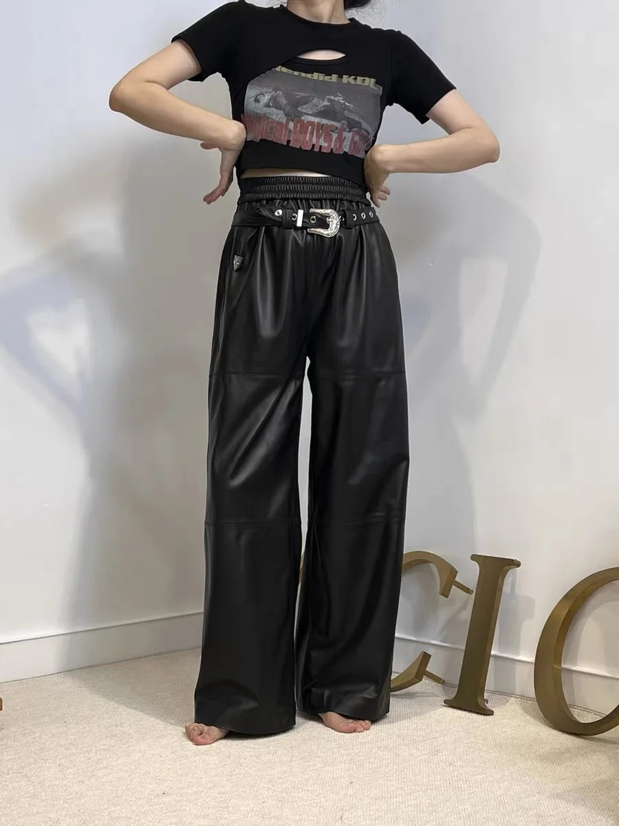 Y2K Cargo Pants Women High Waist Baggy Pants 2025 New Korean Fashion Wide Leg Genuine Leather Trousers Streetwear Loose Style