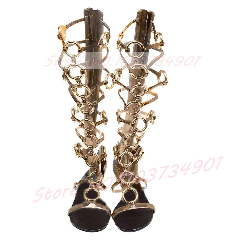 Black Leather Open Toe Metal Ring Strap Gladiator Sandals For Women