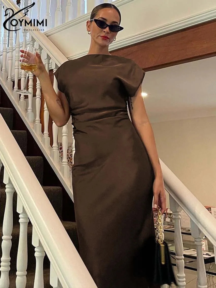 Oymimi Elegant Brown O-Neck Womens Dresses Fashion Short Sleeve Slim Solid Dresses Casual Slim Floor-Length Dress Streetwear