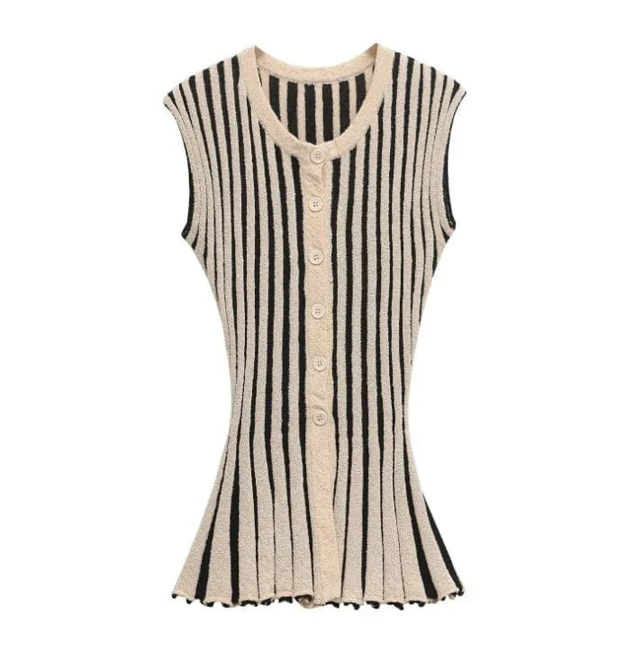 Joskaa 2025 Women's Striped Knit Two Piece Set Casual O-Neck Sleeveless Sweater Vest and Flared Pants Matched Vintage Streetwear