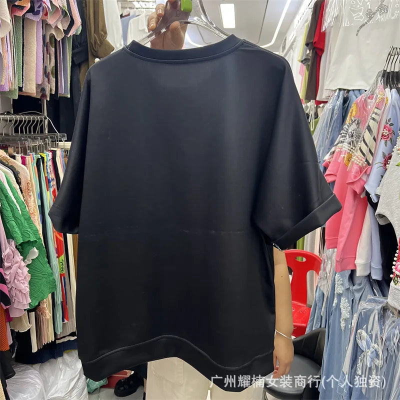 Relaxed Fit Beaded Animal Print Crew Neck Tee For Women