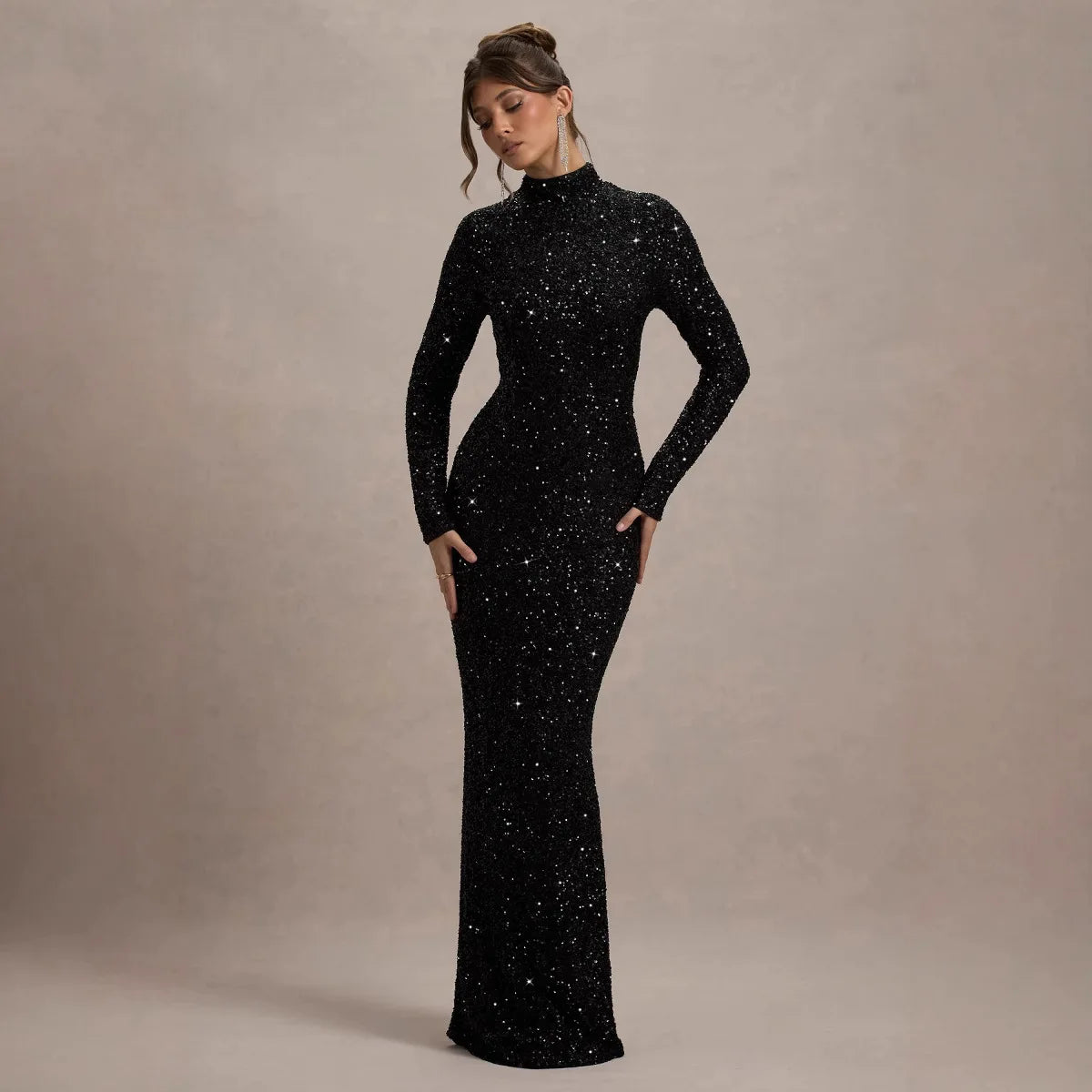 Elegant Sequined Black Long Sleeve Turtleneck Dress for Women