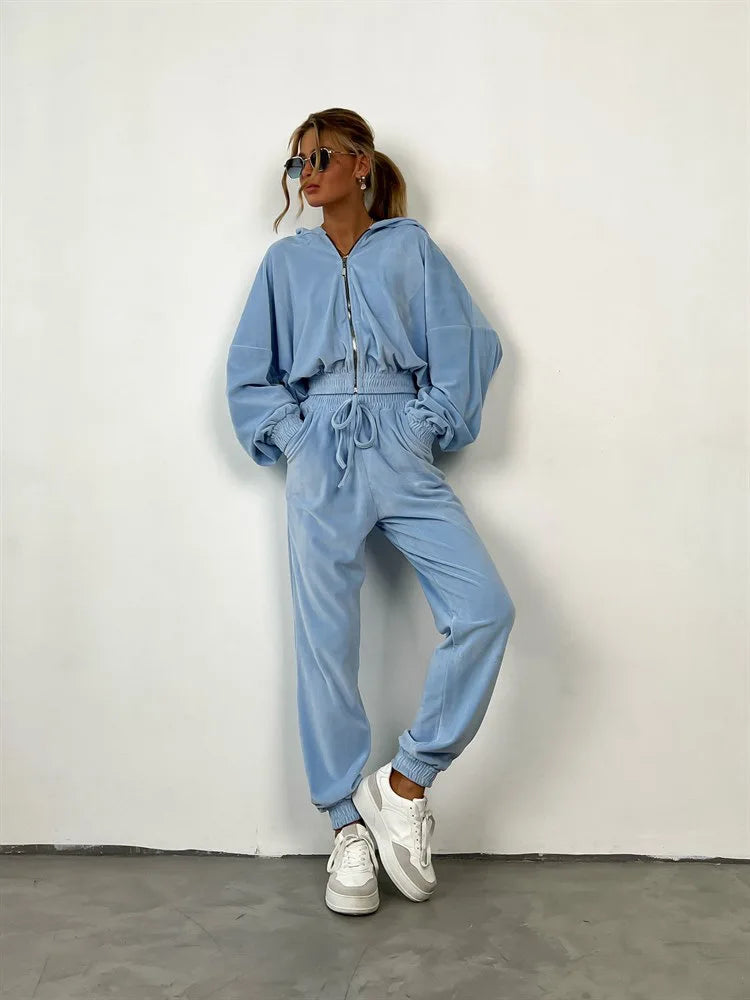 Hooded Zipper Hoodie and Trouser Tracksuit Set for Women