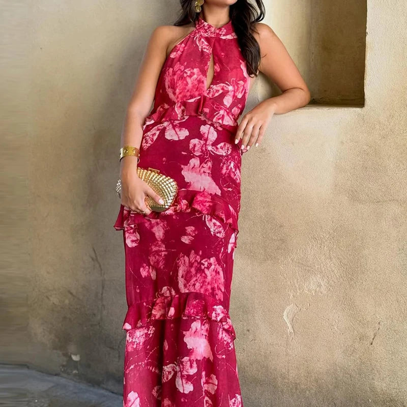 Bohemian Floral Print Sleeveless Ankle Length Dress for Women