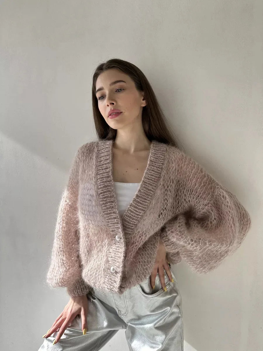 Loose Fit Open Knit V Neck Cardigan Sweater for Women