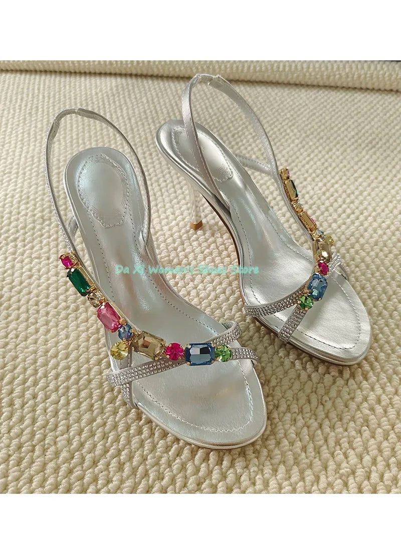 Gemstone Embellished Stiletto Sandals With Buckle Strap For Women