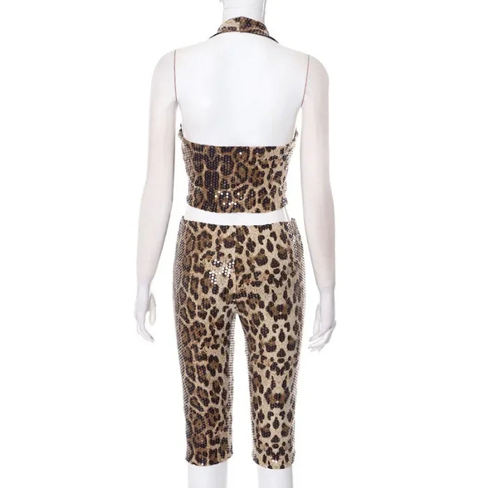 Tank Top Sets for Women Clothing Summer 2025 Sexy Neck Hanging Leopard Print Sequined Sleeveless Vest and Shorts Suit Streetwear