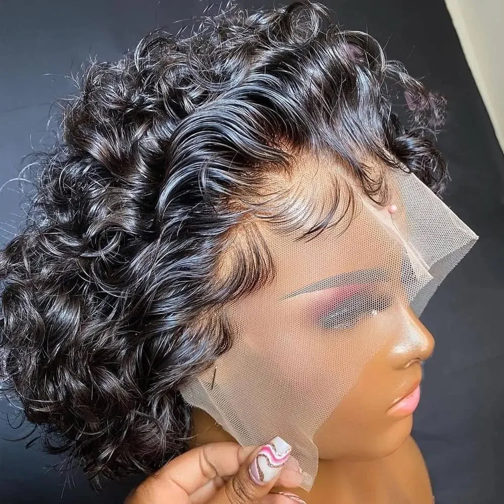 Short Kinky Curly Pixie Cut Human Hair Lace Wig for Women