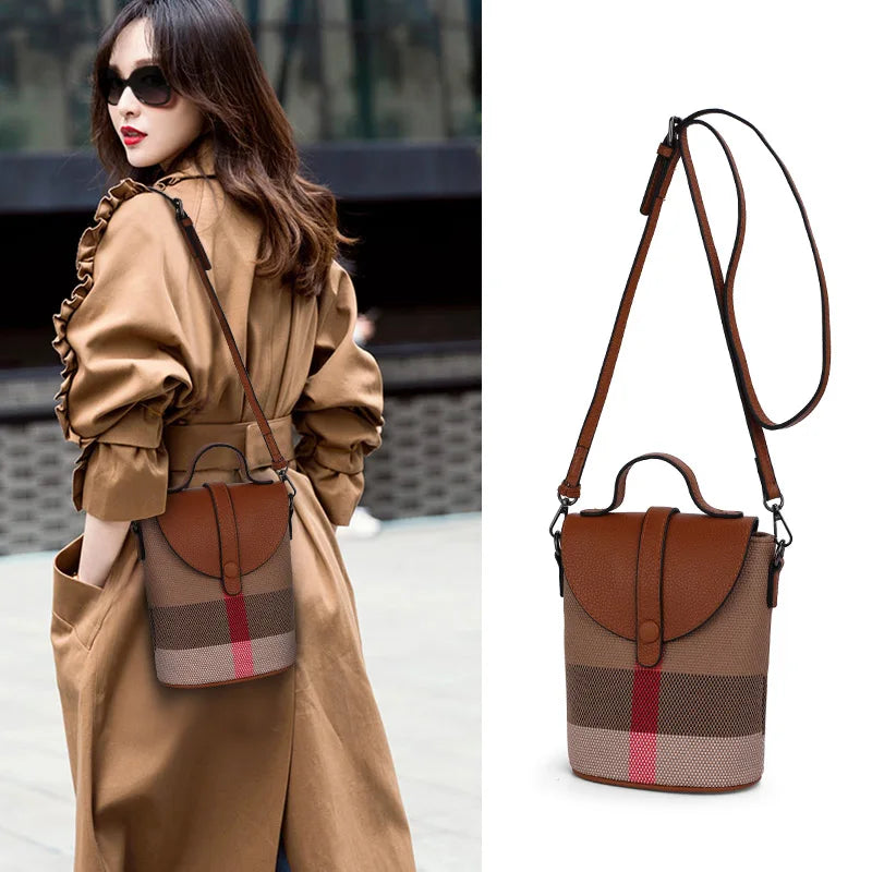 Compact Plaid Patchwork Canvas Crossbody Bag for Women