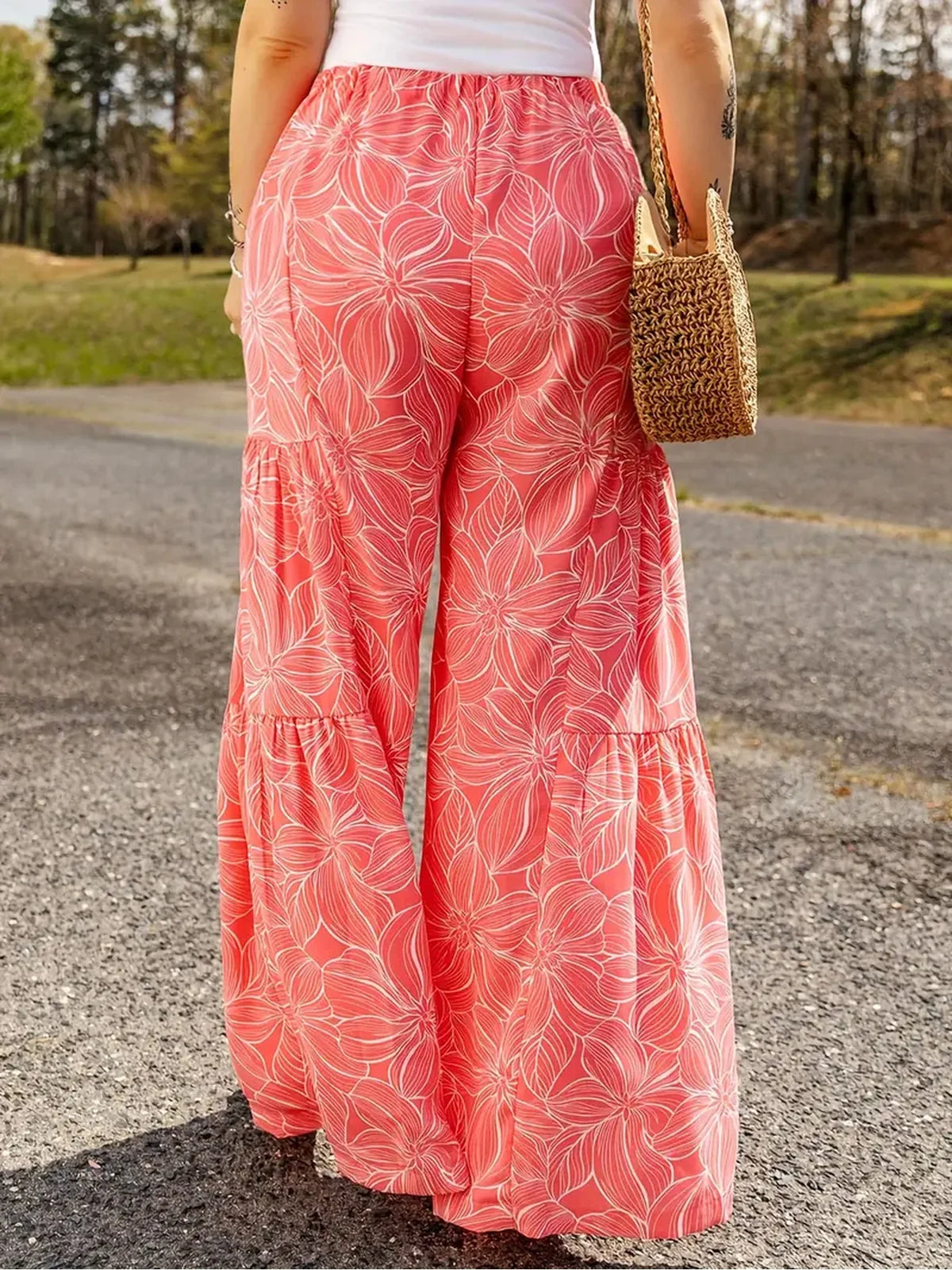Plus Size Printed Wide Leg Elastic Waist Pants for Women