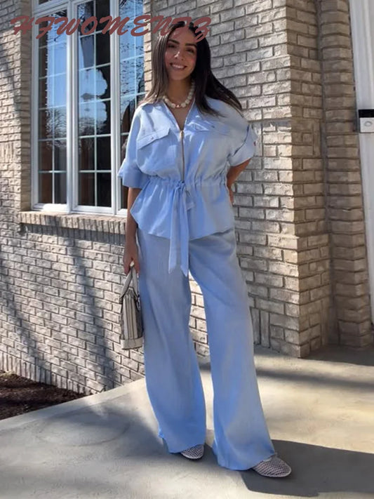 Chic Solid Coat And Trouser Set