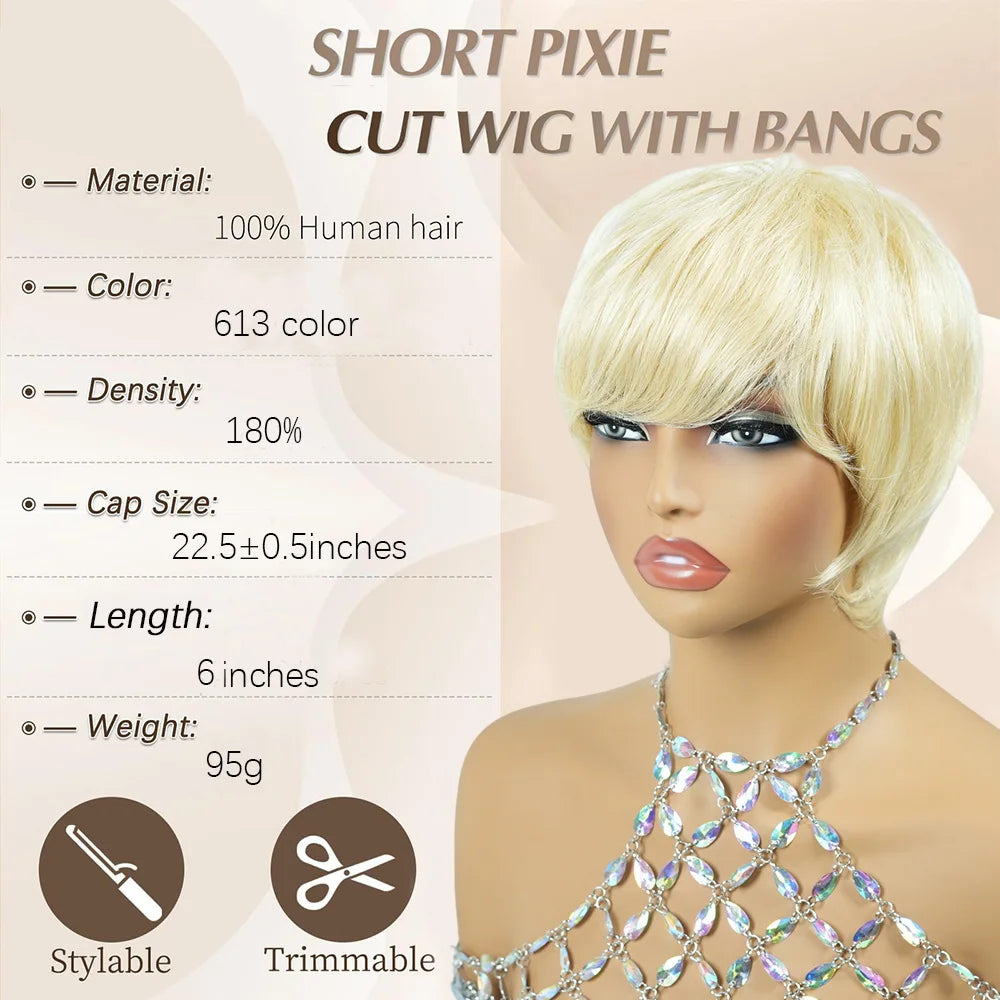 Machine Made Straight Short Blonde Human Hair Wig For Women
