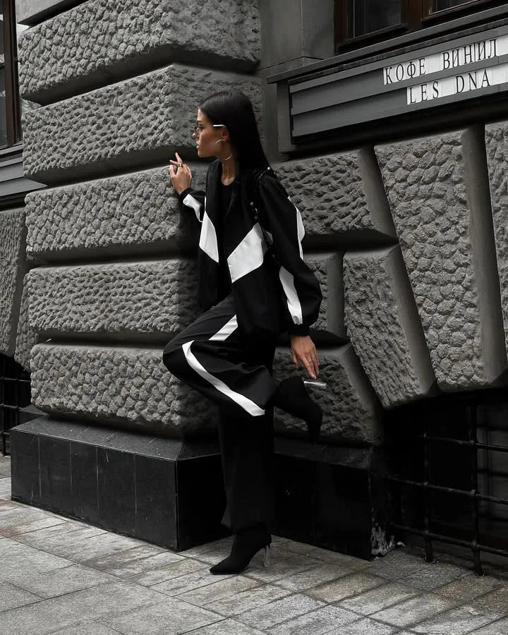 Casual Contrast Color Zipper Tracksuit Set for Women