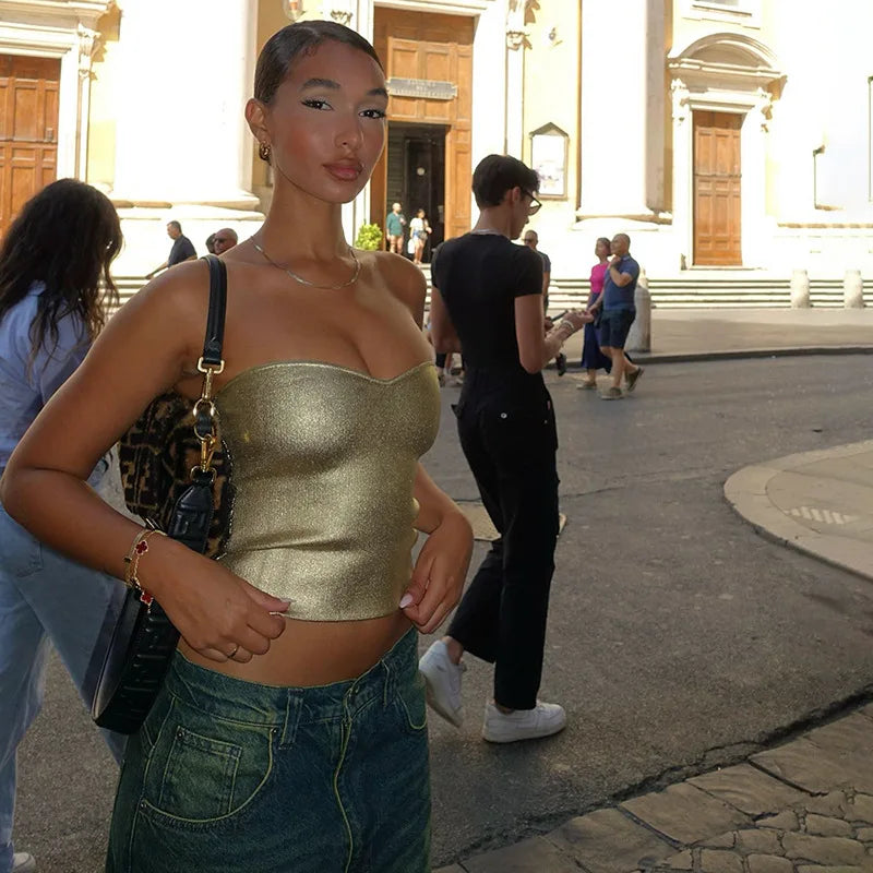 Cryptographic Fashion Vintage Strapless Gold Crop Tops Party Club Outfits for Women Tube Vest Sexy Backless Bustier Tops Y2K