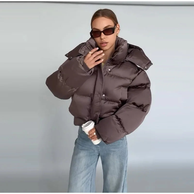 Detachable Hood Cropped Padded Winter Jacket for Women