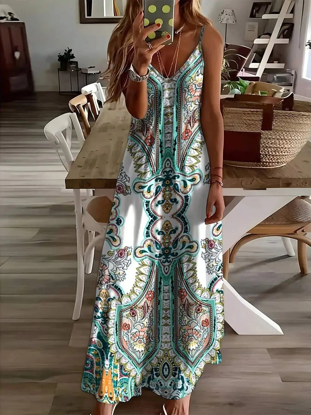 Summer women's floral print halter dress, long, adjustable straps, side pockets, stylish and elegant, suitable for beach vacatio
