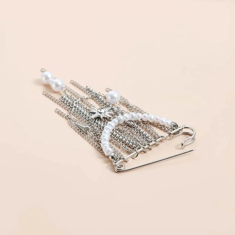 Layered Pearl Heart and Star Tassel Brooch for Women