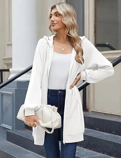 Solid Color Long Sleeve Zippered Hoodies For Women