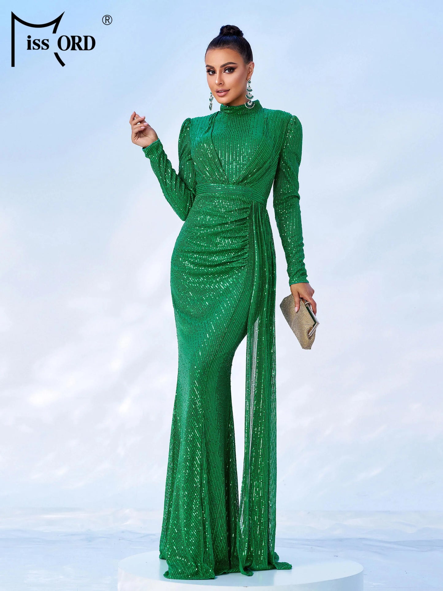 Missord Round Neck Long Sleeved Sequin Mermaid Evening Fashionable Exquisite Cocktail Prom Dress
