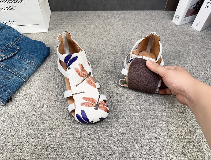 Flat Printed Genuine Leather Roman Sandals for Women