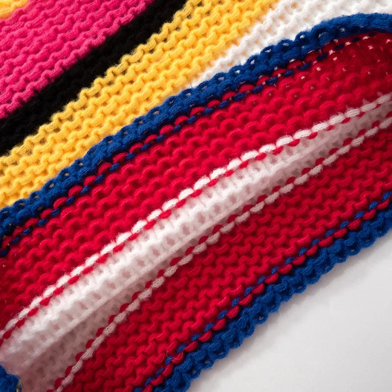Rainbow Check Cropped Long Sleeve Knit Sweater for Women