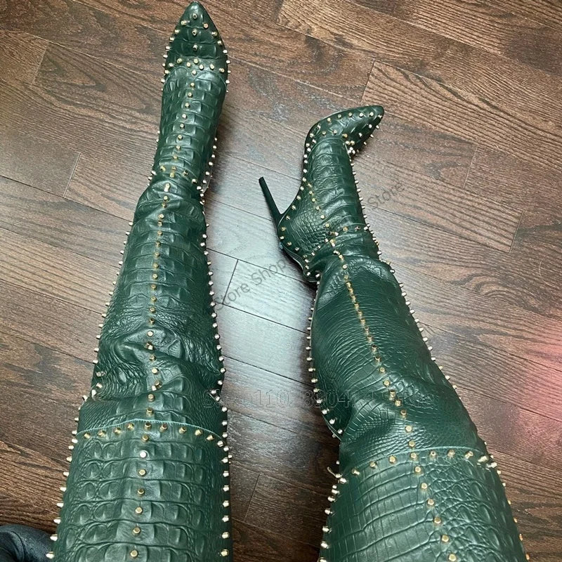Green Alligator Print Pointed Toe Zipper Boots For Women