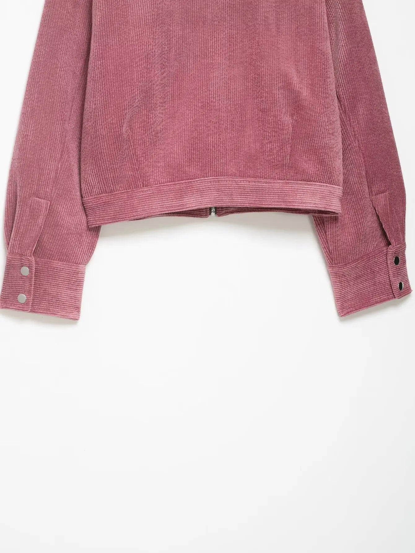 Pink Corduroy With Zipper And Pockets Long Sleeve Jacket for Women