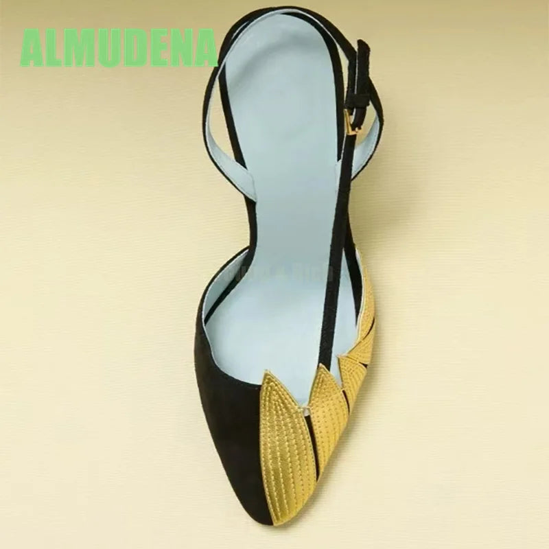 Pointed Toe High Heel Woven Color Block Sandals for Women