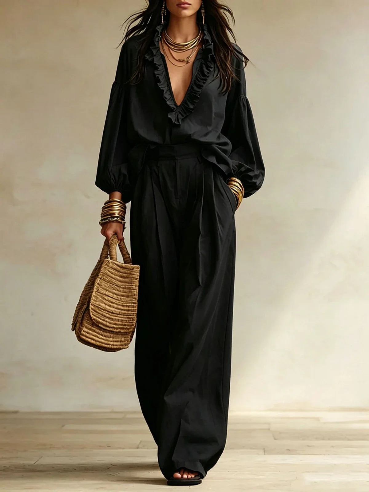 Vintage Ruffle V Neck Pleated Wide Leg Pants Set for Women