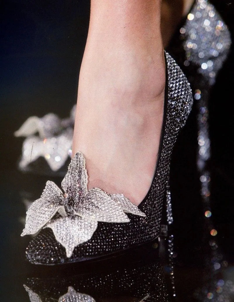 Elegant Black Crystal Embellished Pointed Toe Pumps for Women