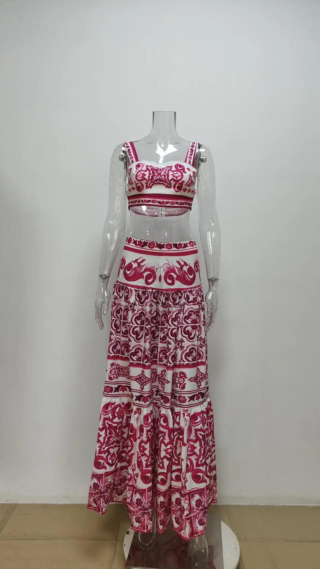Printed Strapless Crop Top and Maxi Skirt Set for Women