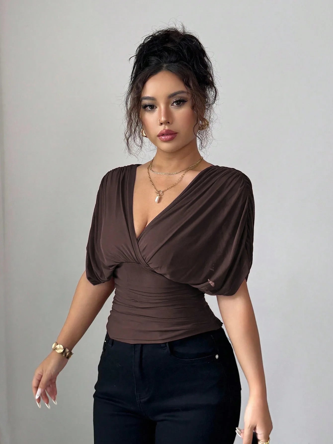 Elegant Deep V Neck Flutter Sleeve Waist Cinching Top for Women