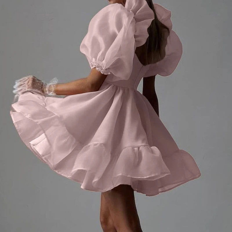 Puff Sleeve High Waist Pink Ruffle Dress for Women