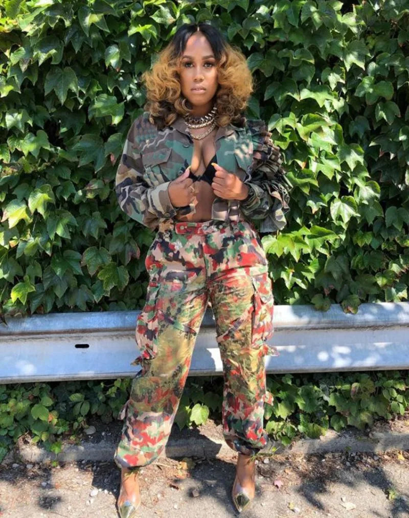 Cascading Ruffled Camouflage Crop Jacket for Women