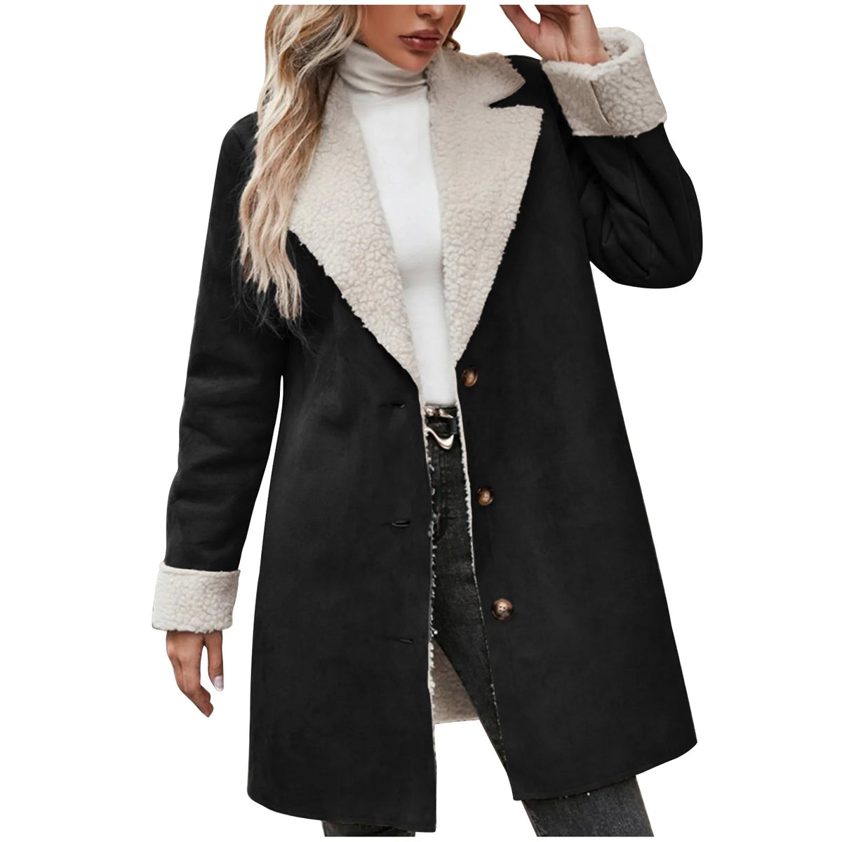 Warm Fleece Lined Suede Coat With Notch Lapel for Women
