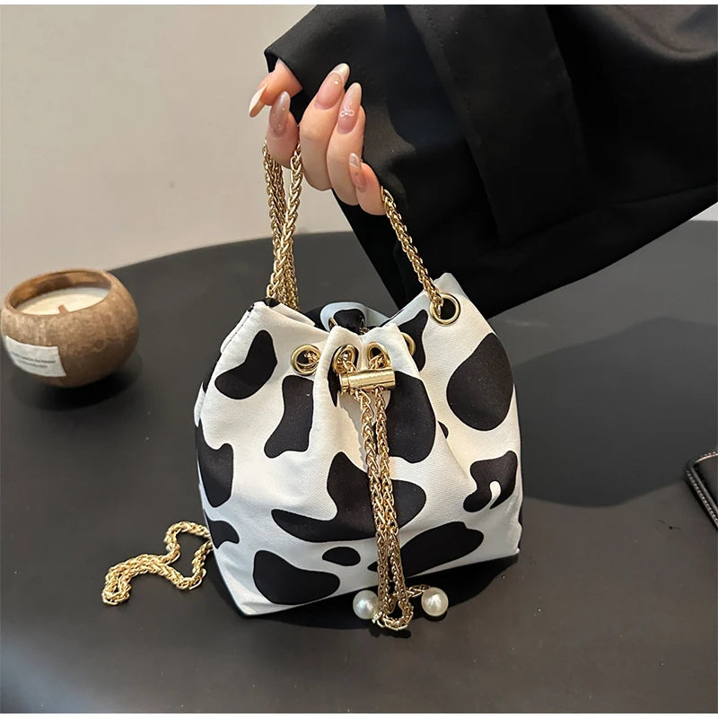 New Leopard Print Bag Fashion Cow Pattern Drawstring Bucket Bag Texture Brand Design Crossbody Bag Lady Versatile Storage Bag