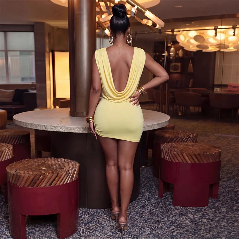 Sexy Deep V-Neck Backless Ruched Mini Dress for Women