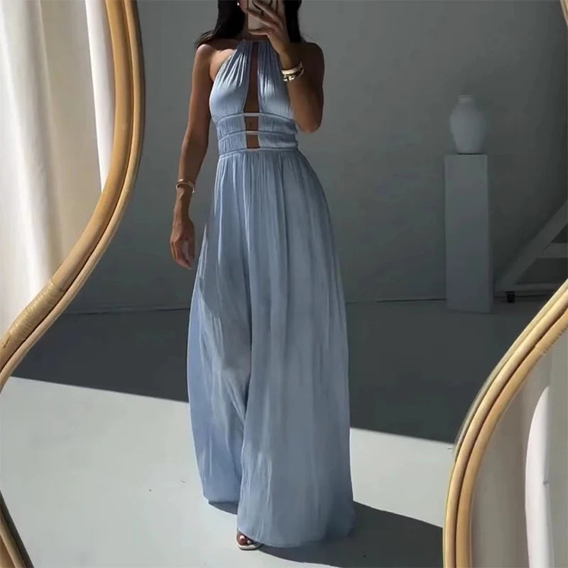 Halter Neck Hollow Pleated Solid Maxi Dress for Women